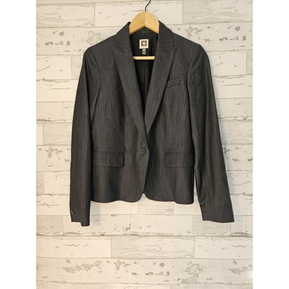 Anne Klein Womens Charcoal Gray Single Button Tailored Blazer Jacket Size 8